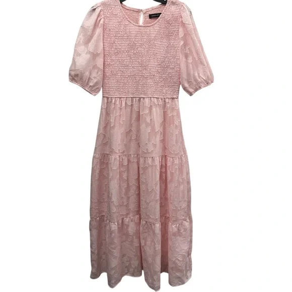 Merokeety Pink Smocked Midi Dress M Cottagecore Puff Sleeve Tiered - Picture 1 of 13